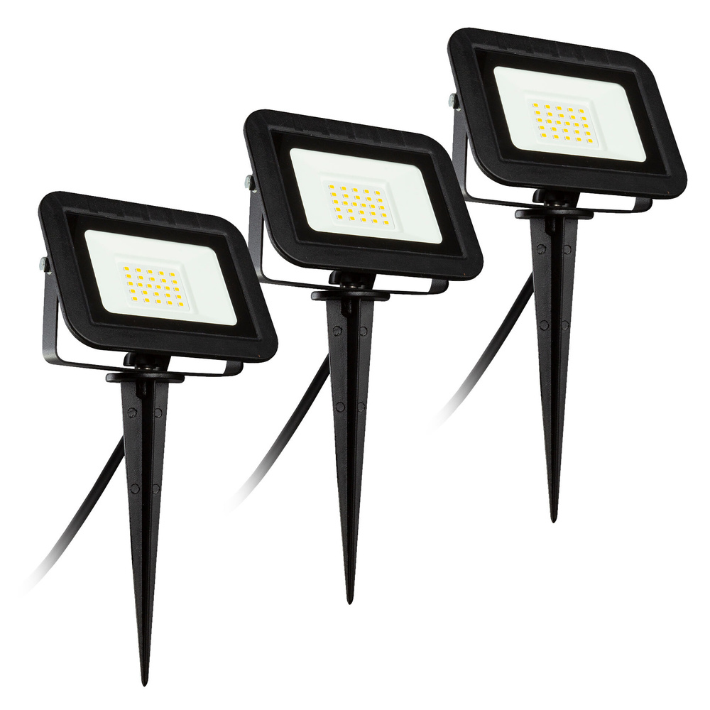 HEITRONIC 3er-Spar-Set 10-W-LED-Erdspießstrahler YORK, 3-m-Leitung mit Stecker, IP44, schwarz
