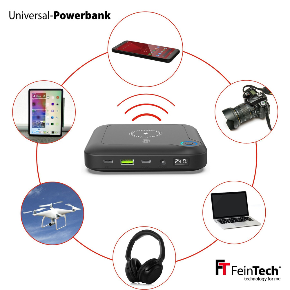 FeinTech Powerbank PLG02400 für Notebooks, Tablets und Smartphones, 24.000 mAh, 60 W, PD
