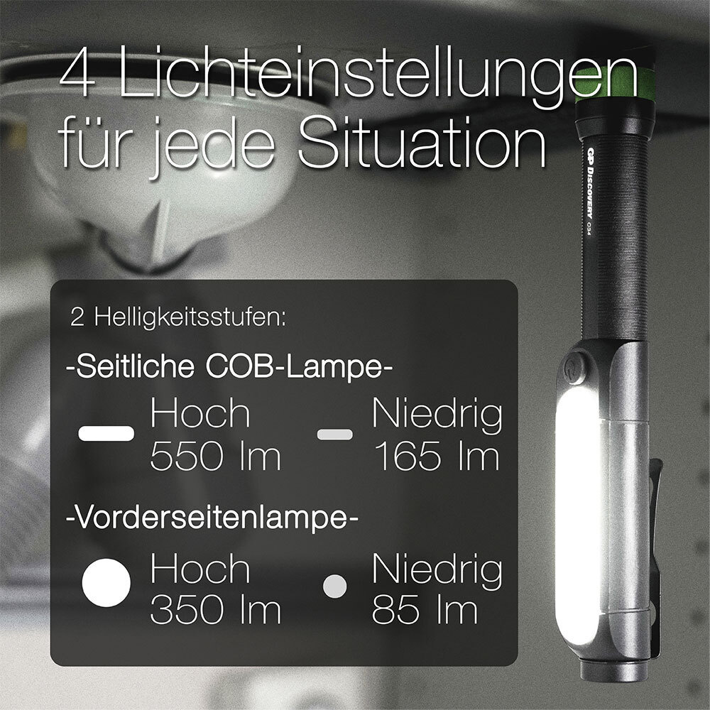 GP LED-Arbeitsleuchte / LED-Inspektionsleuchte C34 , max. 550 lm, Magnet/Gürtelclip, Batteriebetrieb