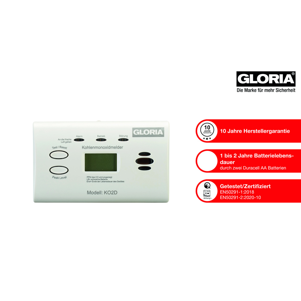 GLORIA Kohlenmonoxid-Warnmelder / CO-Melder KO2D, mit Display, Batteriebetrieb