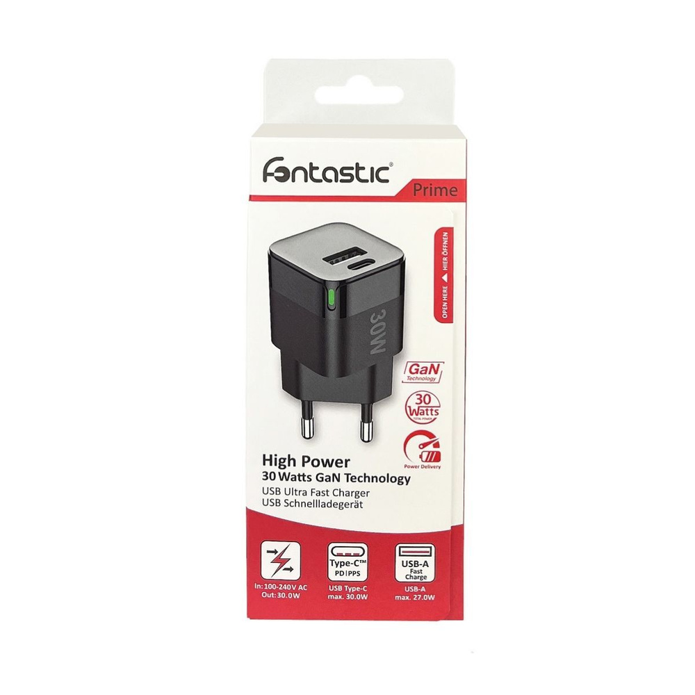 Fontastic USB-A/C-Schnell-Reiselader GaNto30 30 W, schwarz mit Fast Charge und Power Delivery