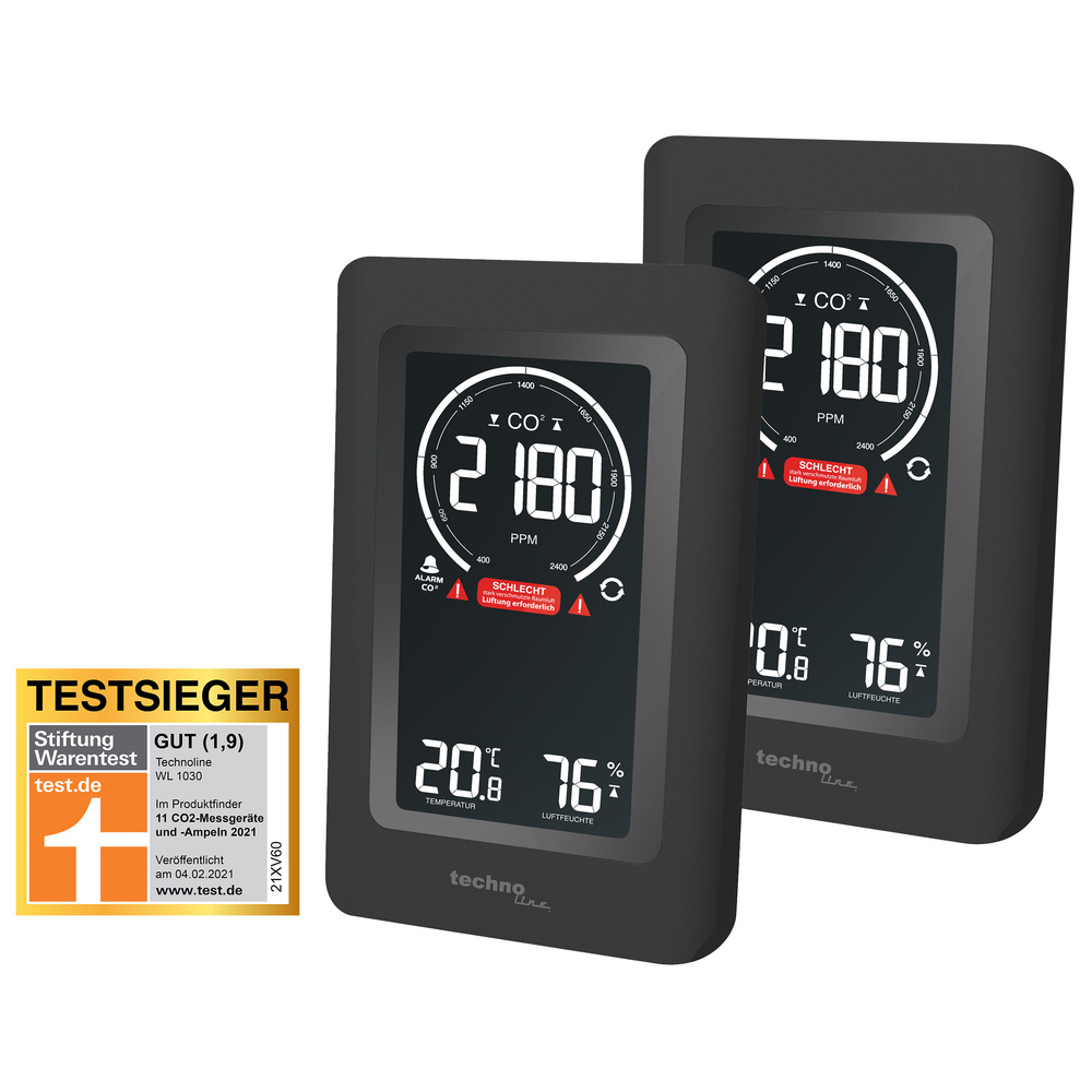 technoline 2er-Spar-Set CO2-Messgerät / CO2-Anzeige WL1030, mit grafischer Ampel-Anzeige