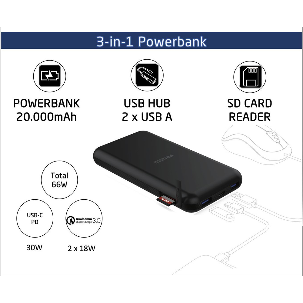 ProUser 3-in-1 Powerbank + USB-HUB + SD-Card- Reader mit 20.000 mAh (74 Wh), 30 W Ladeleistung
