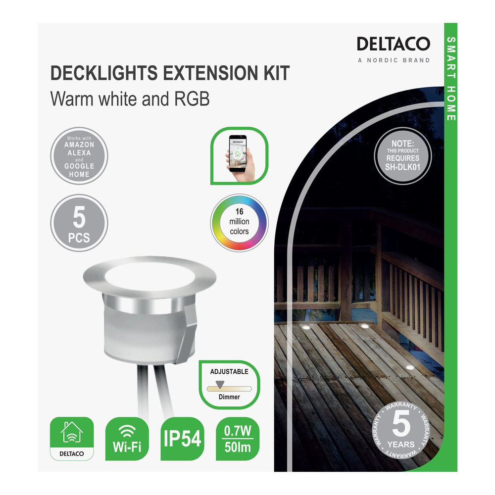 Deltaco Smartes Terrassenbeleuchtungs-Erweiterungs-Set mit 5 LED-Spots, WiFi, RGB/warmweiß, Alexa