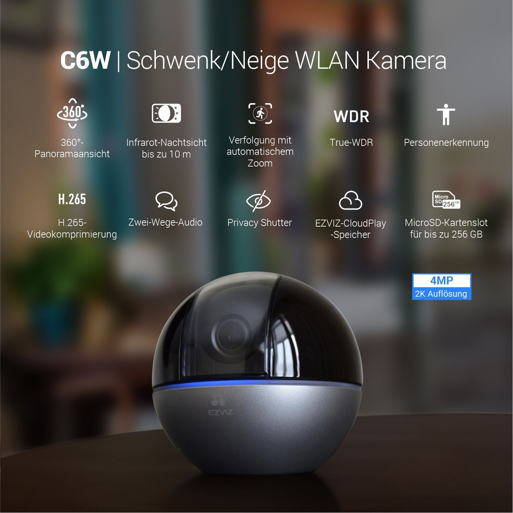 EZVIZ WLAN/LAN-Indoor-Überwachungskamera C6W, 2K-Auflösung, schwenk-/neigbar, Bewegungsverfolgung