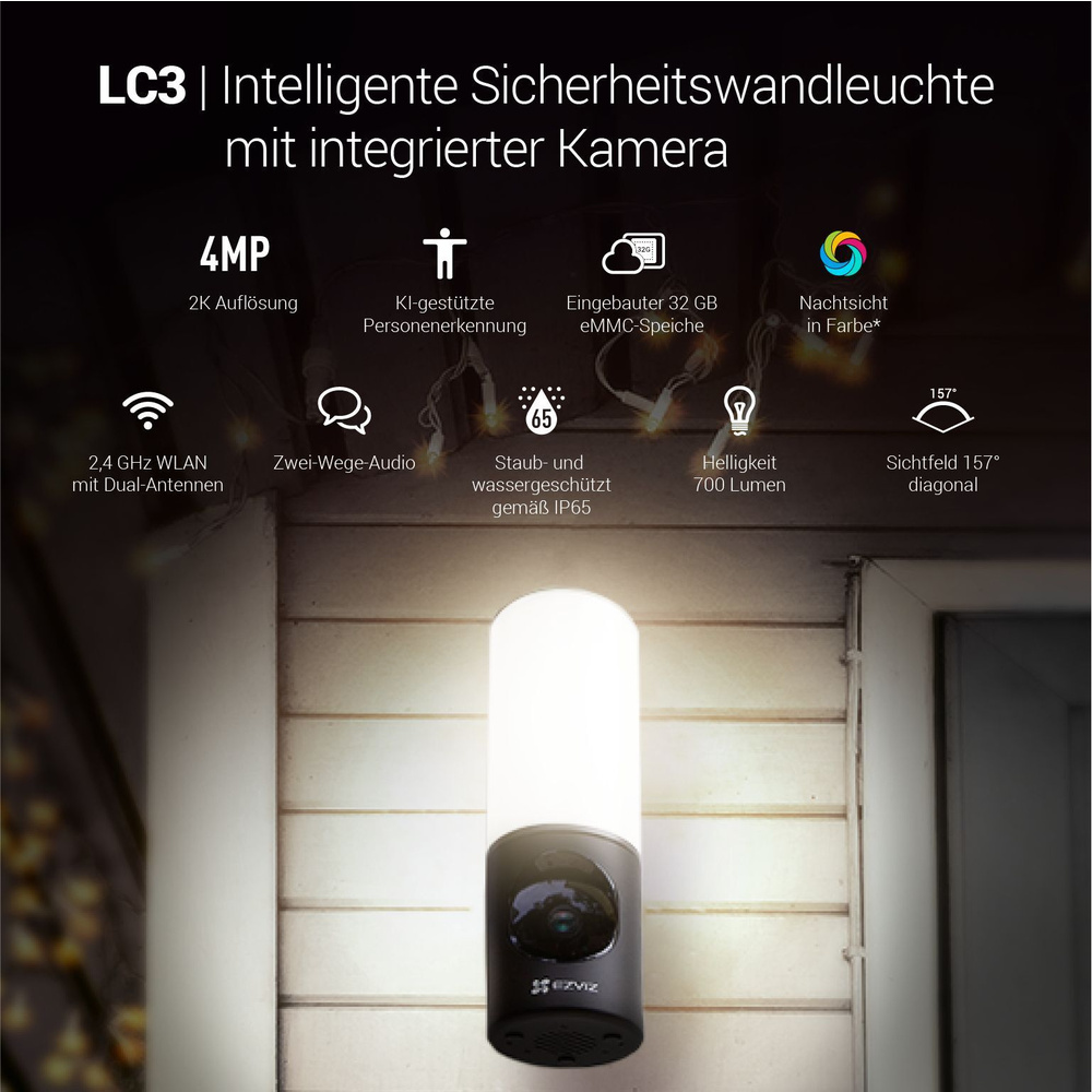 EZVIZ WLAN-Überwachungskamera LC3 mit integrierter LED-Leuchte, App, 2K-Auflösung, 700 lm, IP65