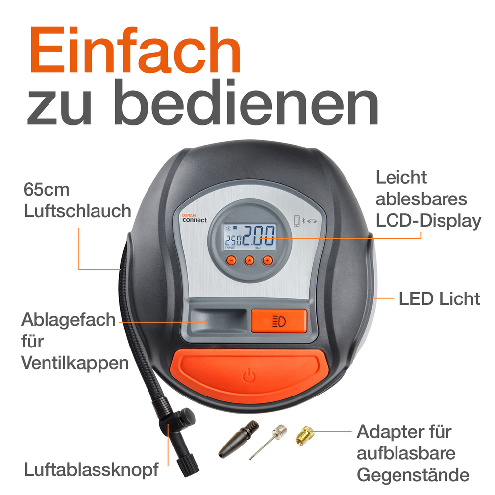 OSRAM Luftkompressor TYREinflate Connect 650, 5,3-cm-LC-Display, 12 V, max. 6,9 bar, 120 W