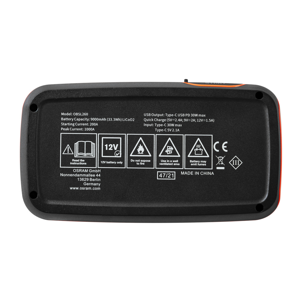 OSRAM Kfz-Starthilfegerät BATTERYstart 260, 12 V, 1000 A, 9.000 mAh, LiCoO2-Batterie