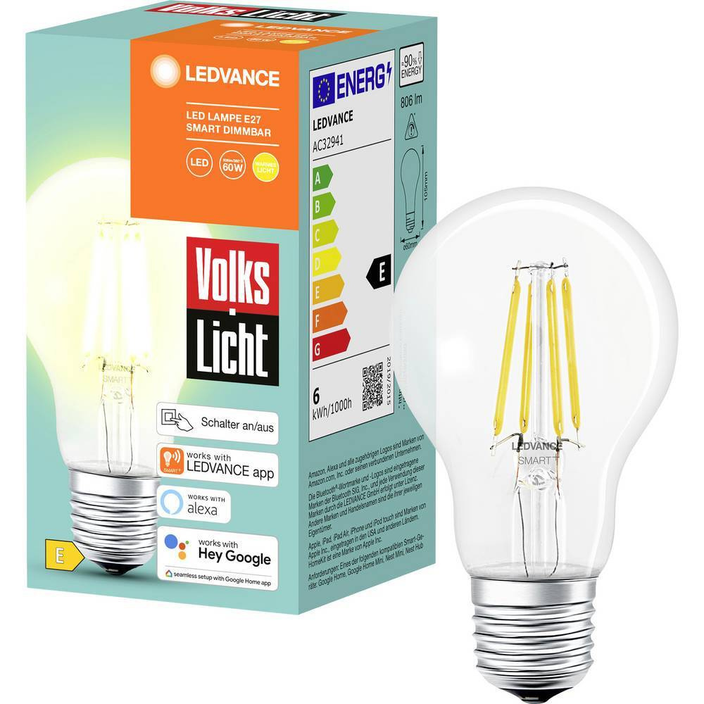 Ledvance Bluetooth SMART+ 6-W-LED-Lampe, E27, 806 lm, warmweiß, 2700 K, Alexa, Google Home, App