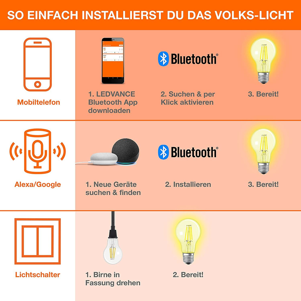 Ledvance 4er Spar-Set Bluetooth SMART+ 6-W-LED-Lampe, E27, 806 lm, warmweiß, Alexa, Google Home, App