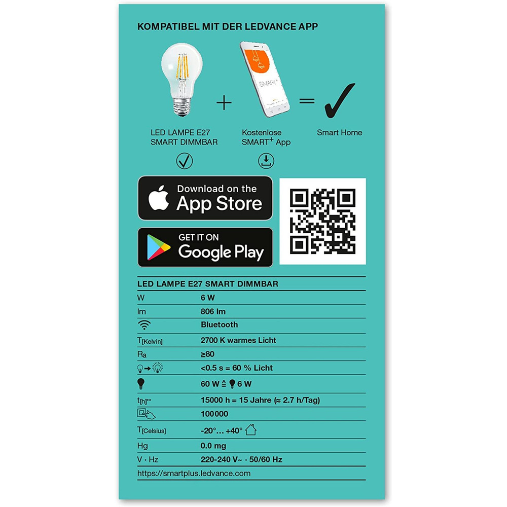 Ledvance 4er Spar-Set Bluetooth SMART+ 6-W-LED-Lampe, E27, 806 lm, warmweiß, Alexa, Google Home, App