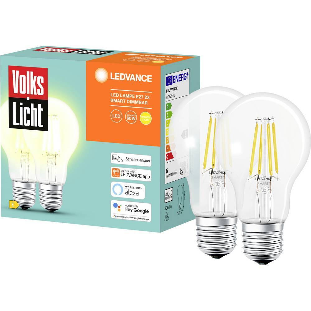 Ledvance 2er Spar-Set Bluetooth SMART+ 6-W-LED-Lampe, E27, 806 lm, warmweiß, Alexa, Google Home, App