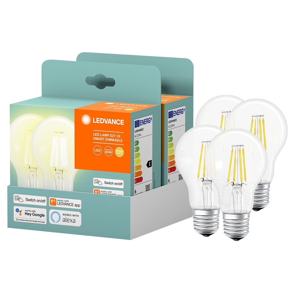 Ledvance 4er Spar-Set Bluetooth SMART+ 6-W-LED-Lampe, E27, 806 lm, warmweiß, Alexa, Google Home, App