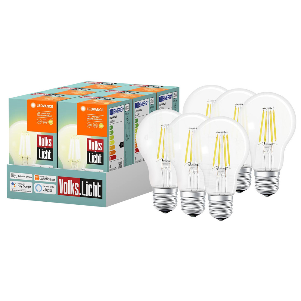 Ledvance 6er Spar-Set Bluetooth SMART+ 6-W-LED-Lampe, E27, 806 lm, warmweiß, Alexa, Google Home, App