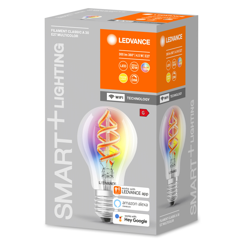 LEDVANCE SMART+ WiFi 4,5-W-LED-Lampe A60, E27, 300 lm, RGBW, 2700-6500 K, dimmbar, Alexa, App
