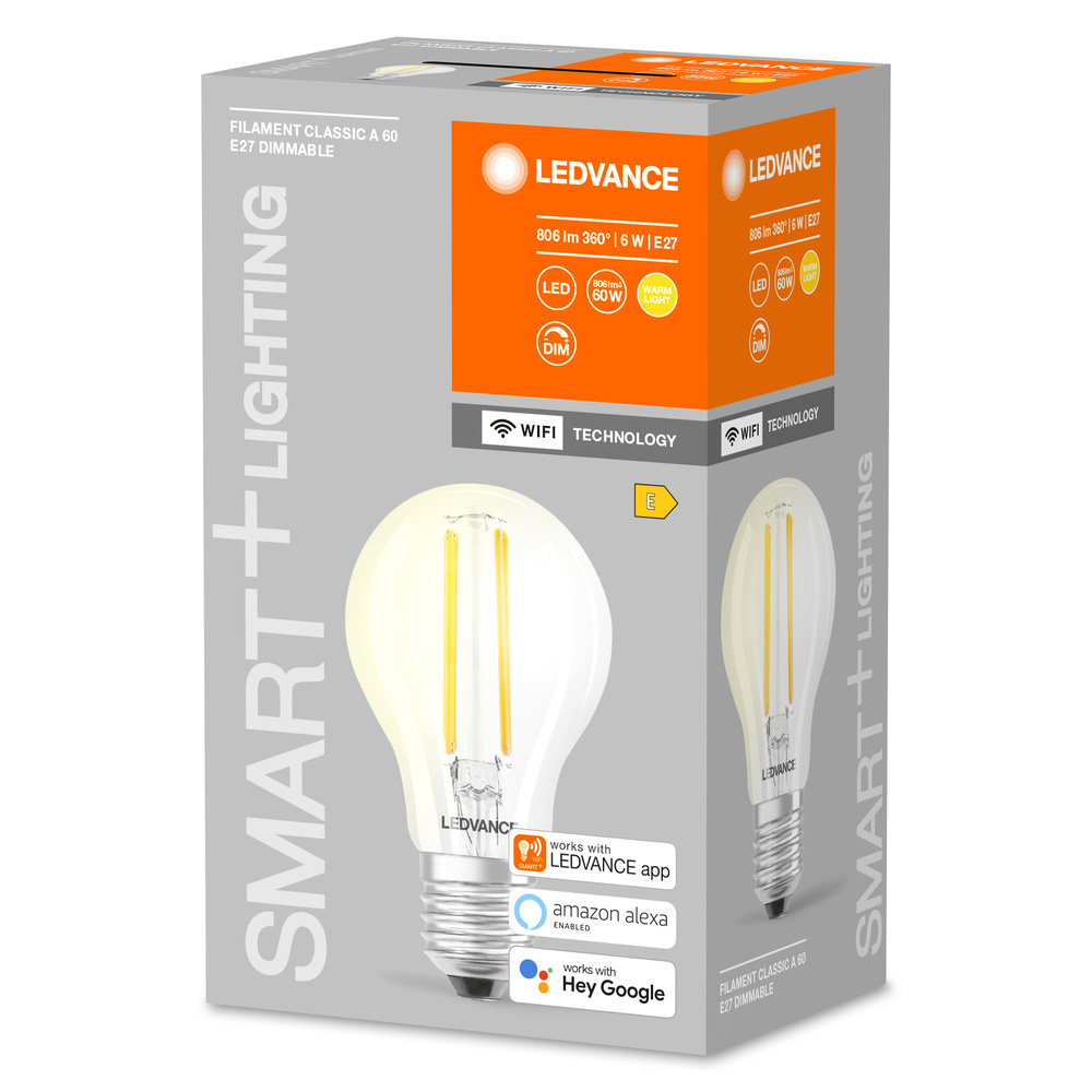 LEDVANCE SMART+ WiFi 5,5-W-LED-Lampe A60, E27, 806 lm, warmweiß, 2700 K, dimmbar, Alexa, App