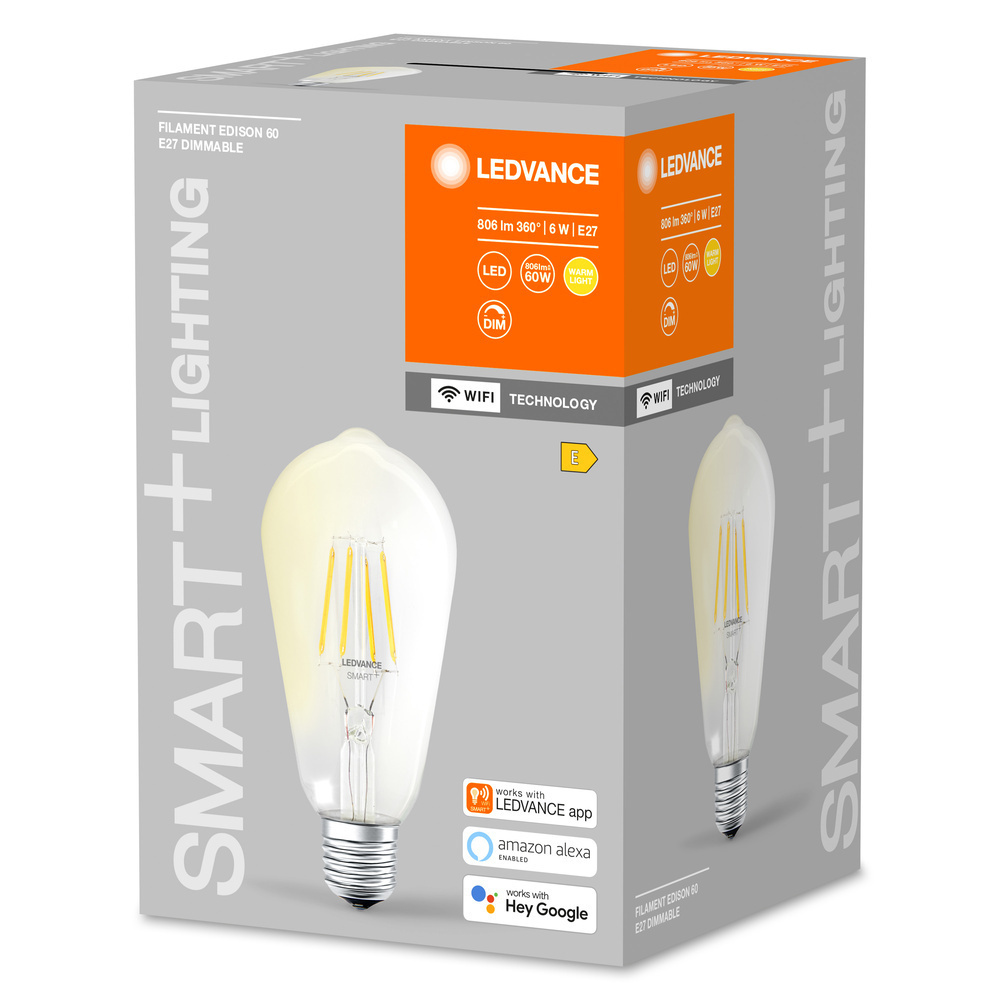 LEDVANCE SMART+ WiFi 5,5-W-LED-Lampe EDISON, E27, 806 lm, warmweiß, 2700 K, dimmbar, Alexa, App