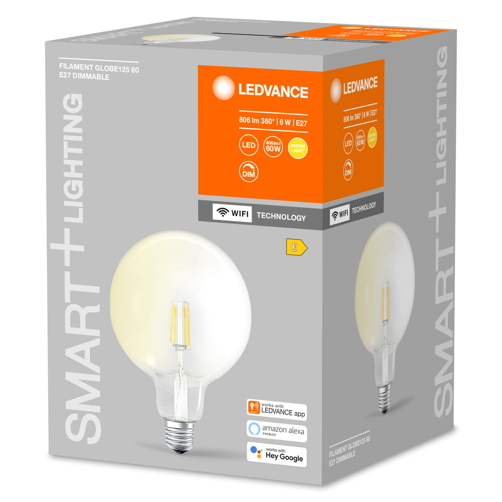 LEDVANCE SMART+ WiFi 5,5-W-LED-Lampe GLOBE125, E27, 806 lm, warmweiß, 2700 K, dimmbar, Alexa, App