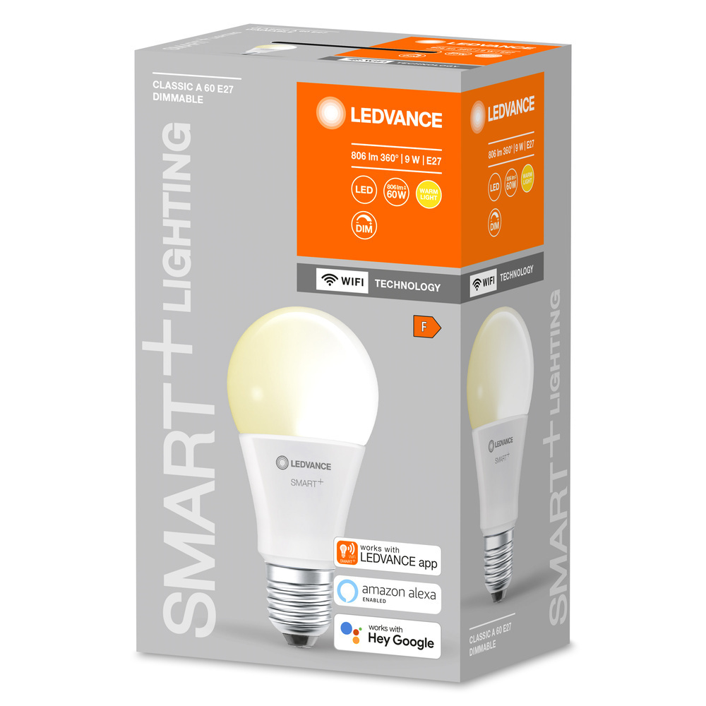 LEDVANCE SMART+ WiFi 9-W-LED-Lampe A60, E27, 806  lm, warmweiß, 2700 K, dimmbar, Alexa, App