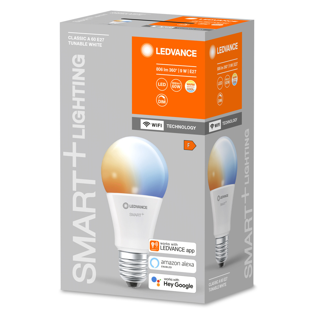 LEDVANCE SMART+ WiFi 9-W-LED-Lampe A60, E27, 806  lm, Tunable White, dimmbar, Alexa, App