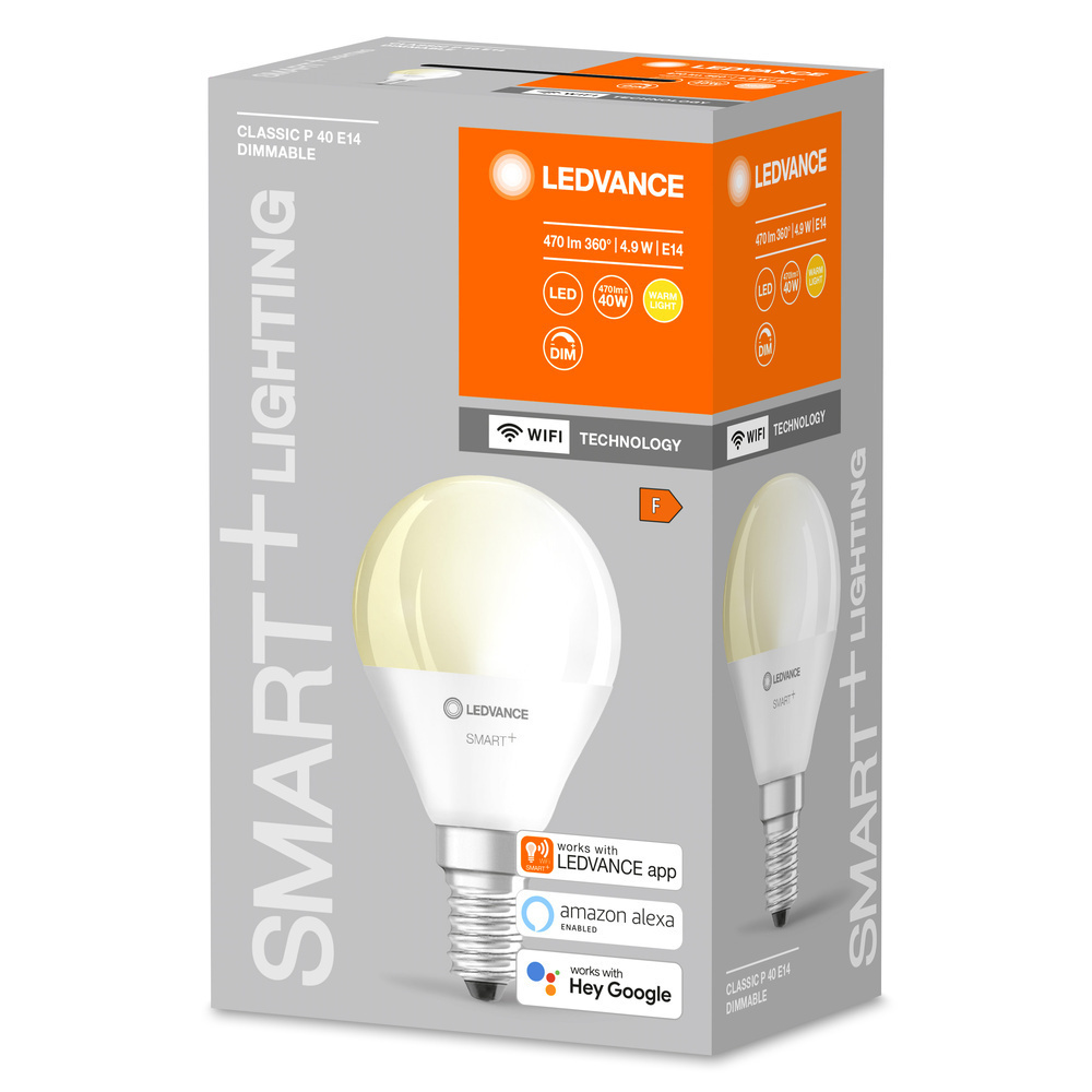 LEDVANCE SMART+ WiFi 4,9-W-LED-Lampe P40, E14, 470 lm, warmweiß, 2700 K, dimmbar, Alexa, App