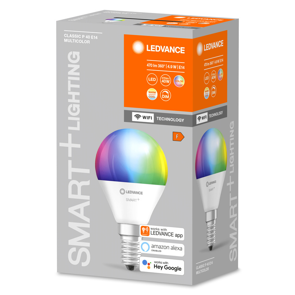 LEDVANCE SMART+ WiFi 4,9-W-LED-Lampe P40, E14, 470 lm, RGBW, 2700-6500 K, dimmbar, Alexa, App