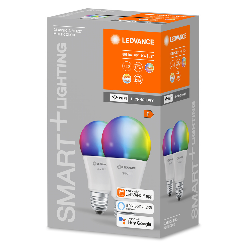LEDVANCE 2er-Set SMART+ WiFi 9-W-LED-Lampe A60, E27, 806 lm, RGBW, 2700-6500 K, dimmbar, Alexa, App