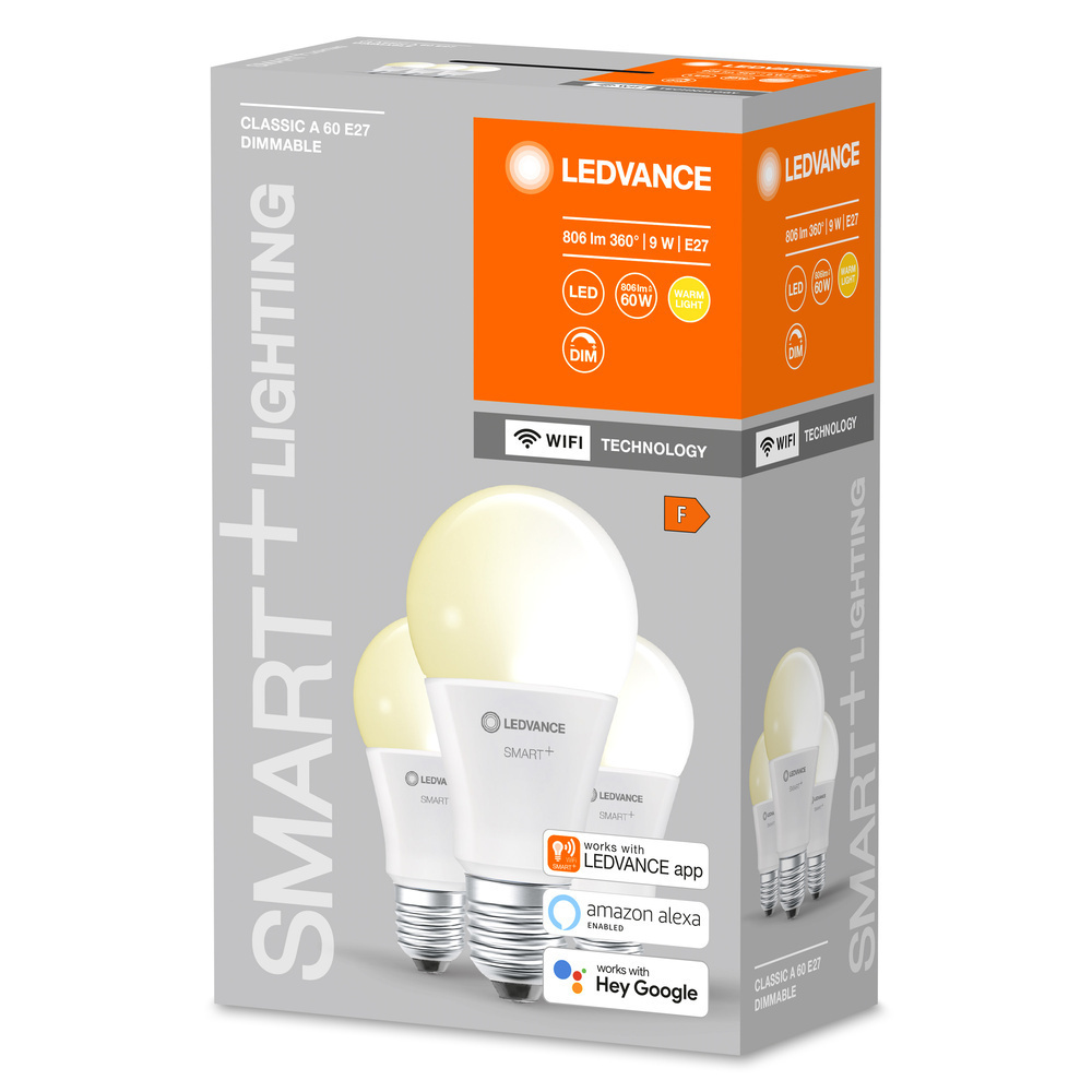 LEDVANCE 3er-Set SMART+ WiFi 9-W-LED-Lampe A60, E27, 806 lm, warmweiß, 2700 K, dimmbar, Alexa, App