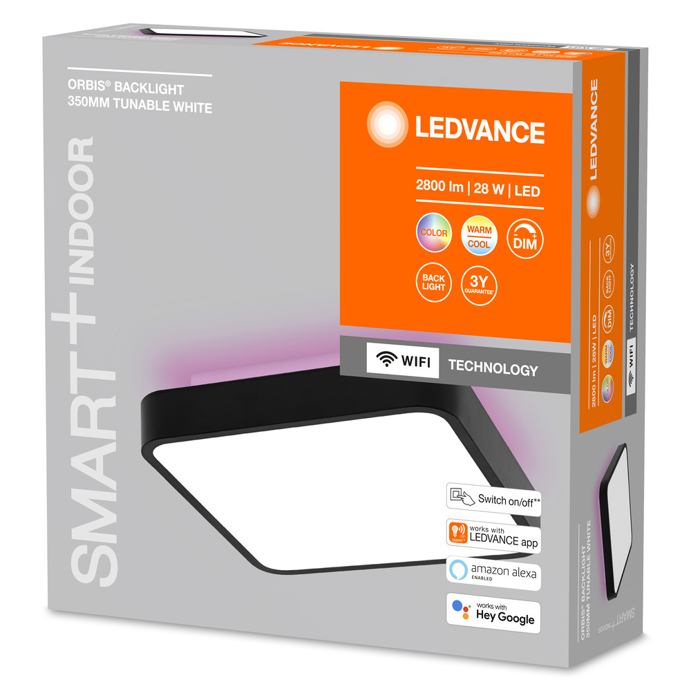 LEDVANCE SMART+ WiFi 28-W-LED-Deckenleuchte ORBIS BACKLIGHT, 2800 lm, RGBW, dimmbar, eckig, schwarz