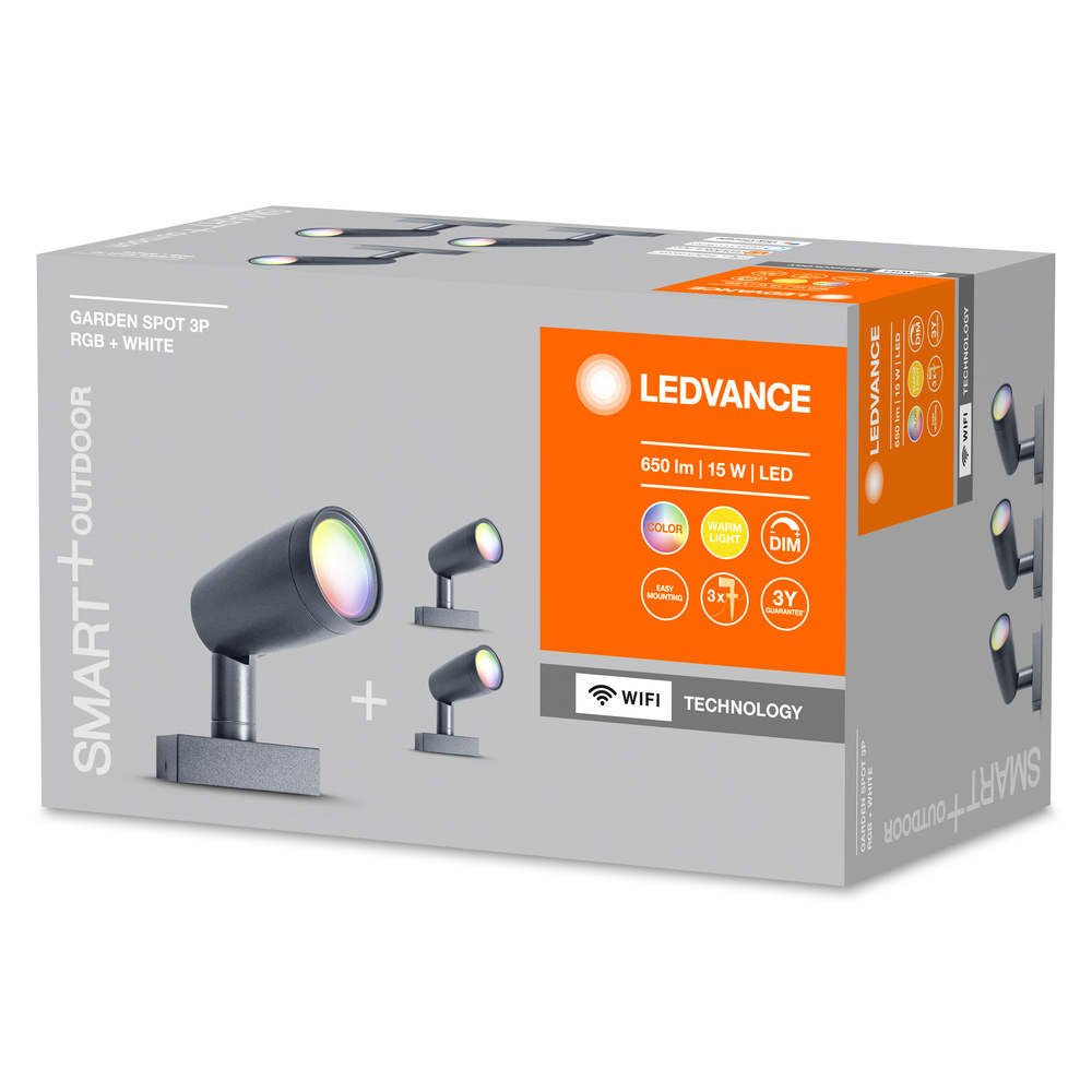 LEDVANCE SMART+ WiFi 15-W-LED-Gartenstrahler GARDEN SPOT Basis-Set, 780 lm, RGBW, IP65, 3 Stück