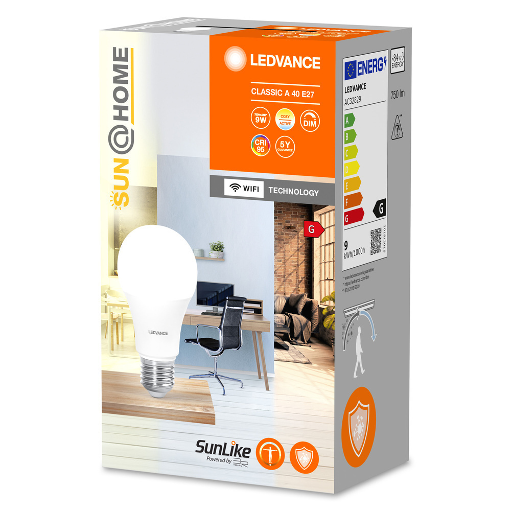 LEDVANCE SMART+ WiFi SUN@HOME 9-W-Vollspektrum-LED-Lampe A60, E27, 750 lm, 95 Ra, Tunable White