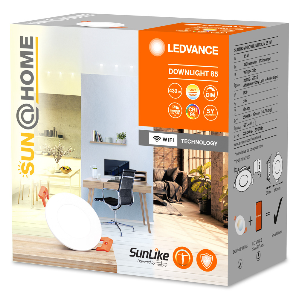 LEDVANCE SMART+ WiFi SUN@HOME 4,5-W-Vollspektrum-LED-Einbaustrahler SLIM, Ø 85 mm, 400 lm, 95 Ra, TW