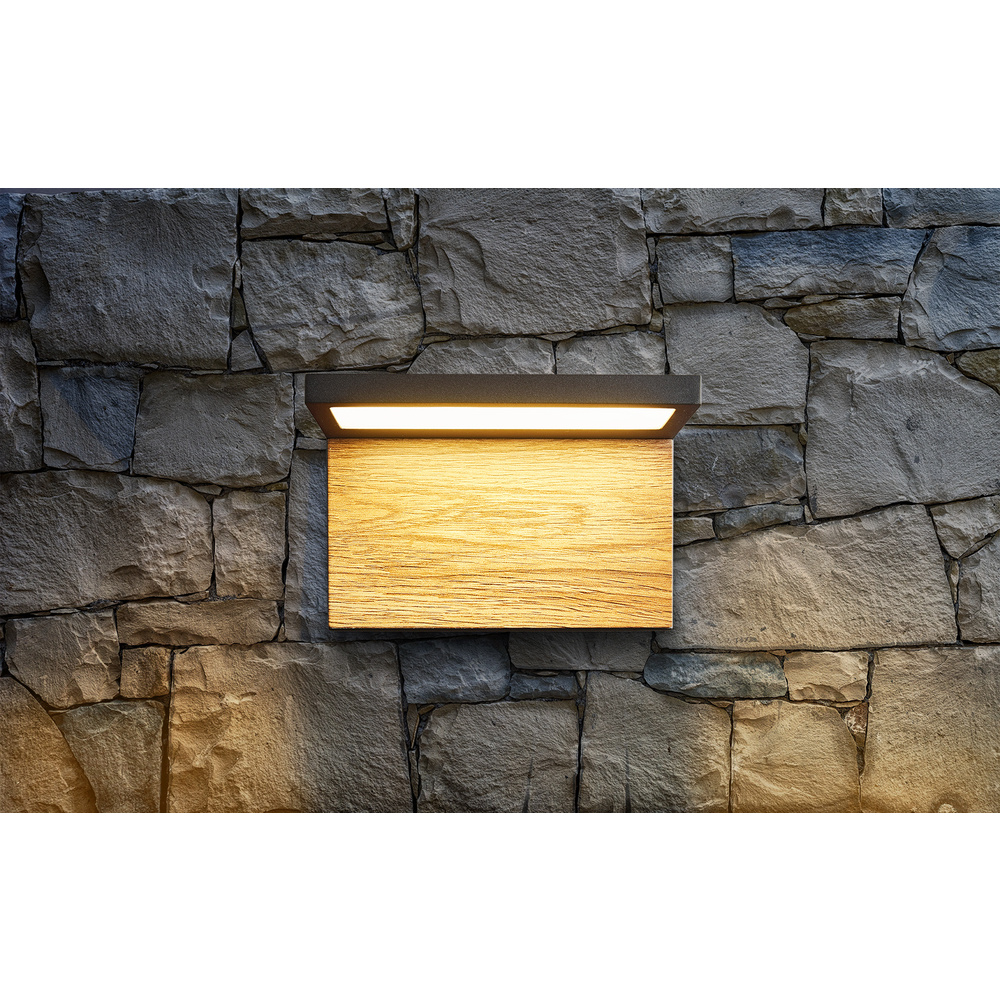 HEITRONIC 13-W-LED-Wandleuchte MANAO, 700 lm, 3000 K, Aluminium, Holzdekor, IP65