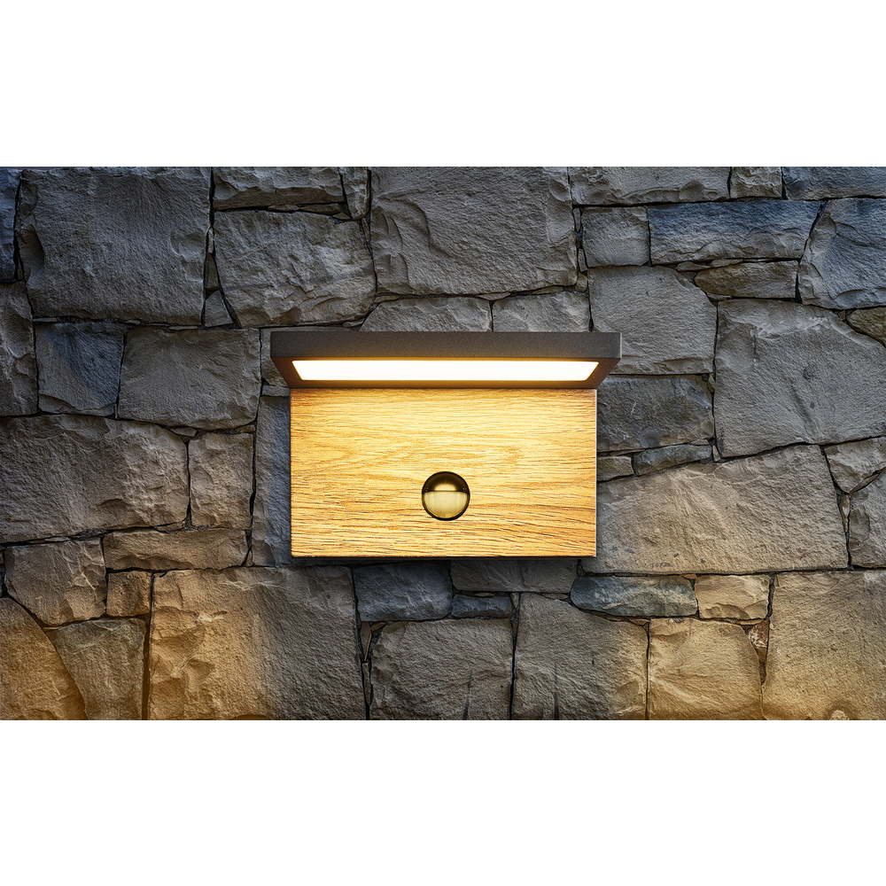 HEITRONIC 13-W-LED-Wandleuchte MANAO, Bewegungsmelder, 700 lm, 3000 K, Aluminium, Holzdekor, IP65