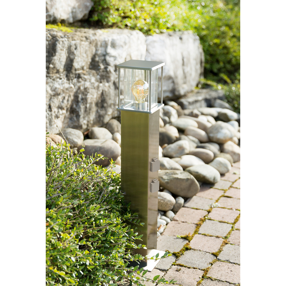HEITRONIC Standleuchte RHODOS mit E27-Fassung, V2A-Edelstahl, 2 Steckdosen, IP44, 70 cm, silber
