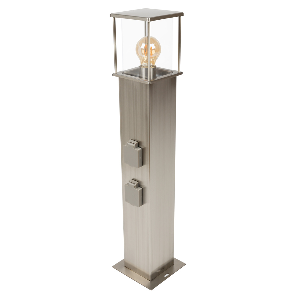HEITRONIC Standleuchte RHODOS mit E27-Fassung, V2A-Edelstahl, 2 Steckdosen, IP44, 70 cm, silber