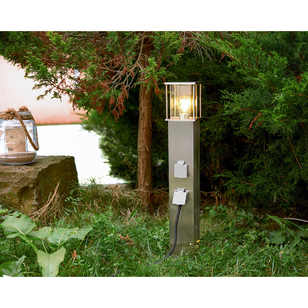 HEITRONIC Standleuchte RHODOS mit E27-Fassung, V2A-Edelstahl, 2 Steckdosen, IP44, 70 cm, silber
