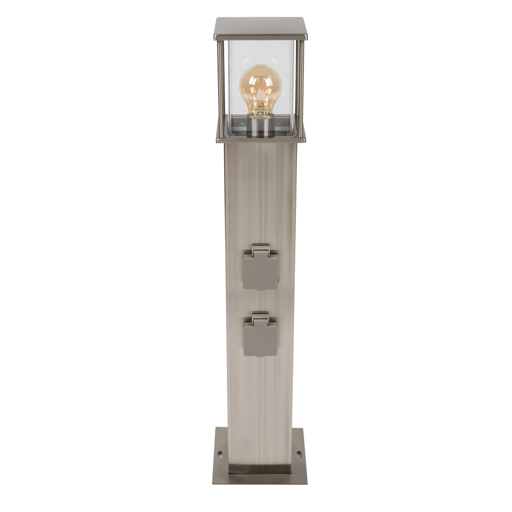 HEITRONIC Standleuchte RHODOS mit E27-Fassung, V2A-Edelstahl, 2 Steckdosen, IP44, 70 cm, silber