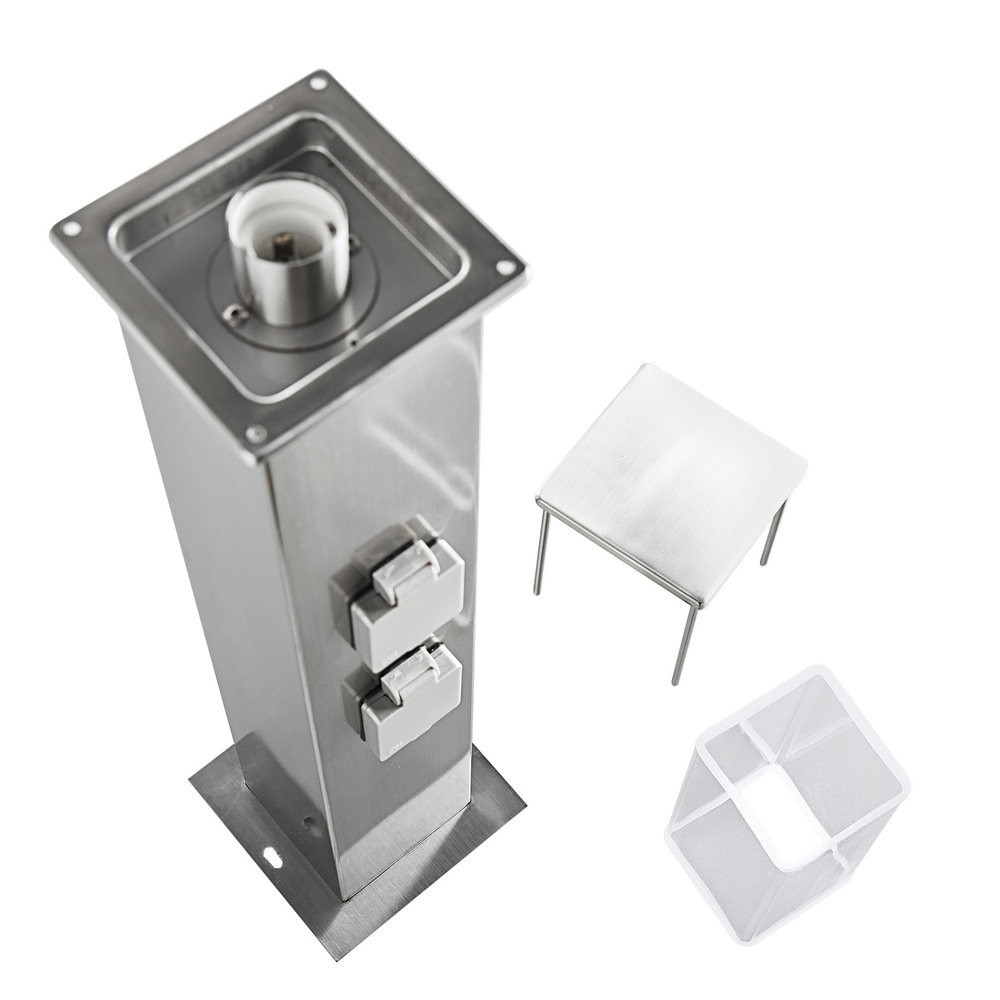 HEITRONIC Standleuchte RHODOS mit E27-Fassung, V2A-Edelstahl, 2 Steckdosen, IP44, 70 cm, silber
