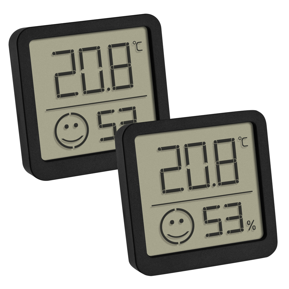 TFA 2er-Set Thermo-Hygrometer mit Smiley-Klimakomfortanzeige, Raumtemperatur, Luftfeuchte, schwarz