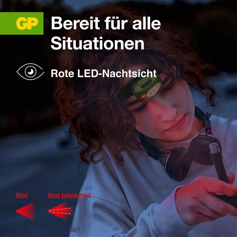 GP LED-Stirnleuchte CH43, Nah- & Fernlicht, LED-Rotlicht, 150 lm, 45 m Reichweite; IPX4