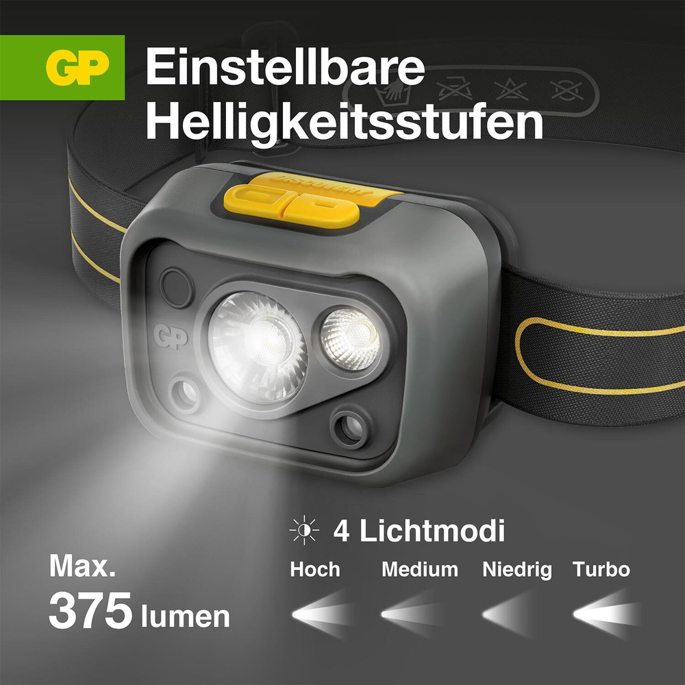 GP LED-Stirnleuchte CHW54, Nah- & Fernlicht, Handgestensteuerung, 375 lm, 110 m Reichweite, IPX5