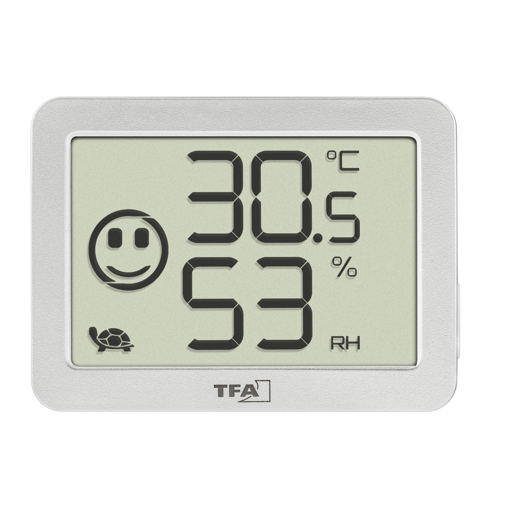 TFA Thermo-Hygrometer mit Smiley-Klimakomfortanzeige, Raumtemperatur, Luftfeuchte (rH), weiß