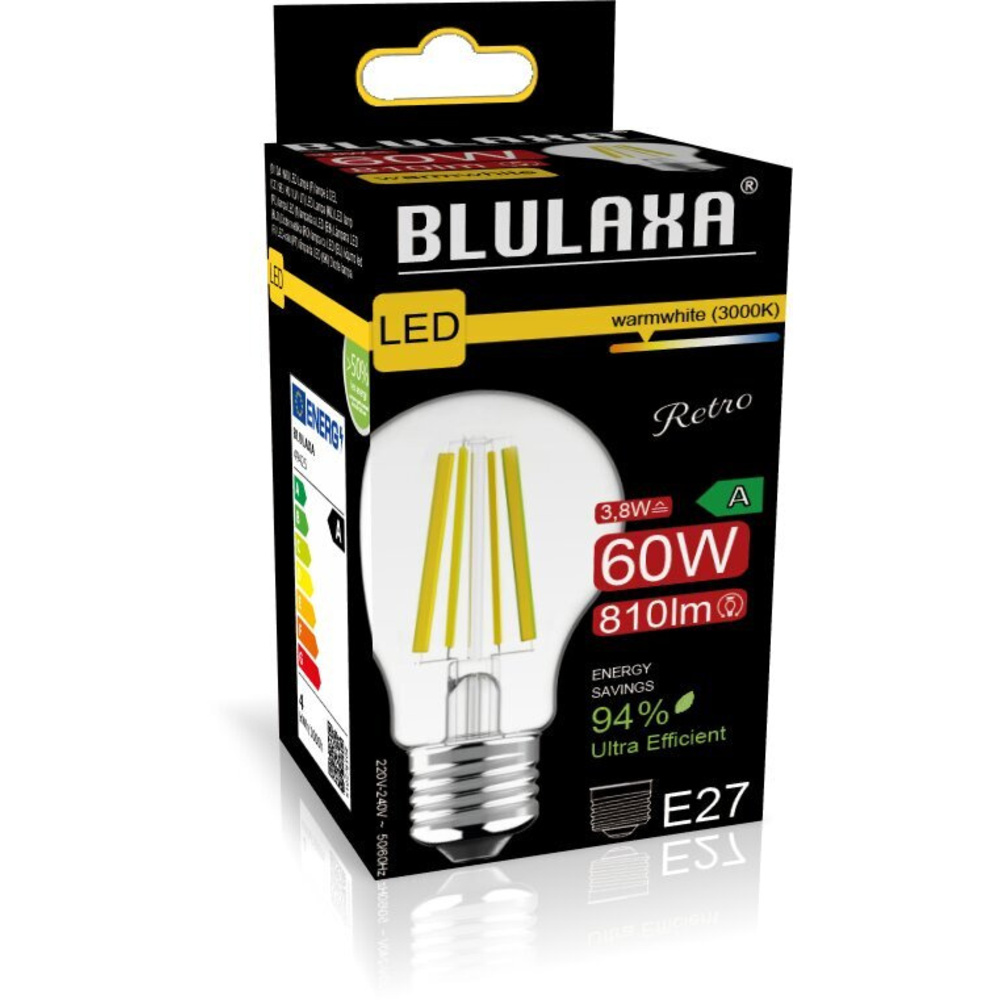Blulaxa Hocheffiziente 3,8-W-Filament-LED-Lampe A60, E27, 810 lm, warmweiß, 3000 K, 213 lm/W, EEK A