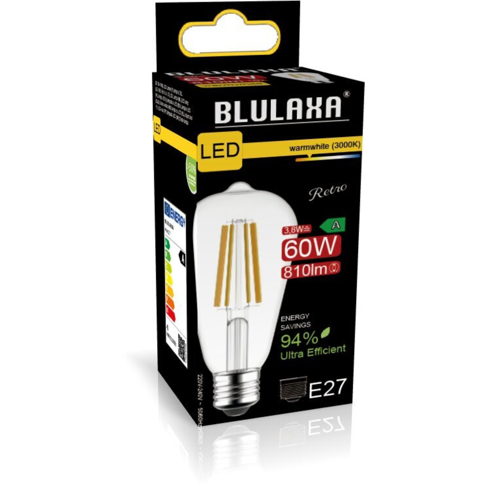 Blulaxa Hocheffiziente 3,8-W-Filament-LED-Lampe ST64, E27, 810 lm, warmweiß, 3000 K, 213 lm/W, EEK A
