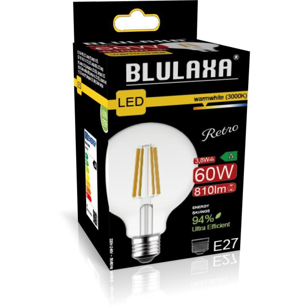 Blulaxa Hocheffiziente 3,8-W-Filament-LED-Lampe G95, E27, 810 lm, warmweiß, 3000 K, 213 lm/W, EEK A