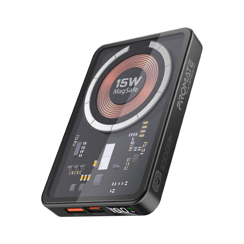 Promate Wireless-Charging MagSafe Powerbank TransPack-10 mit 10000 mAh, USB-A- und C-Anschluss