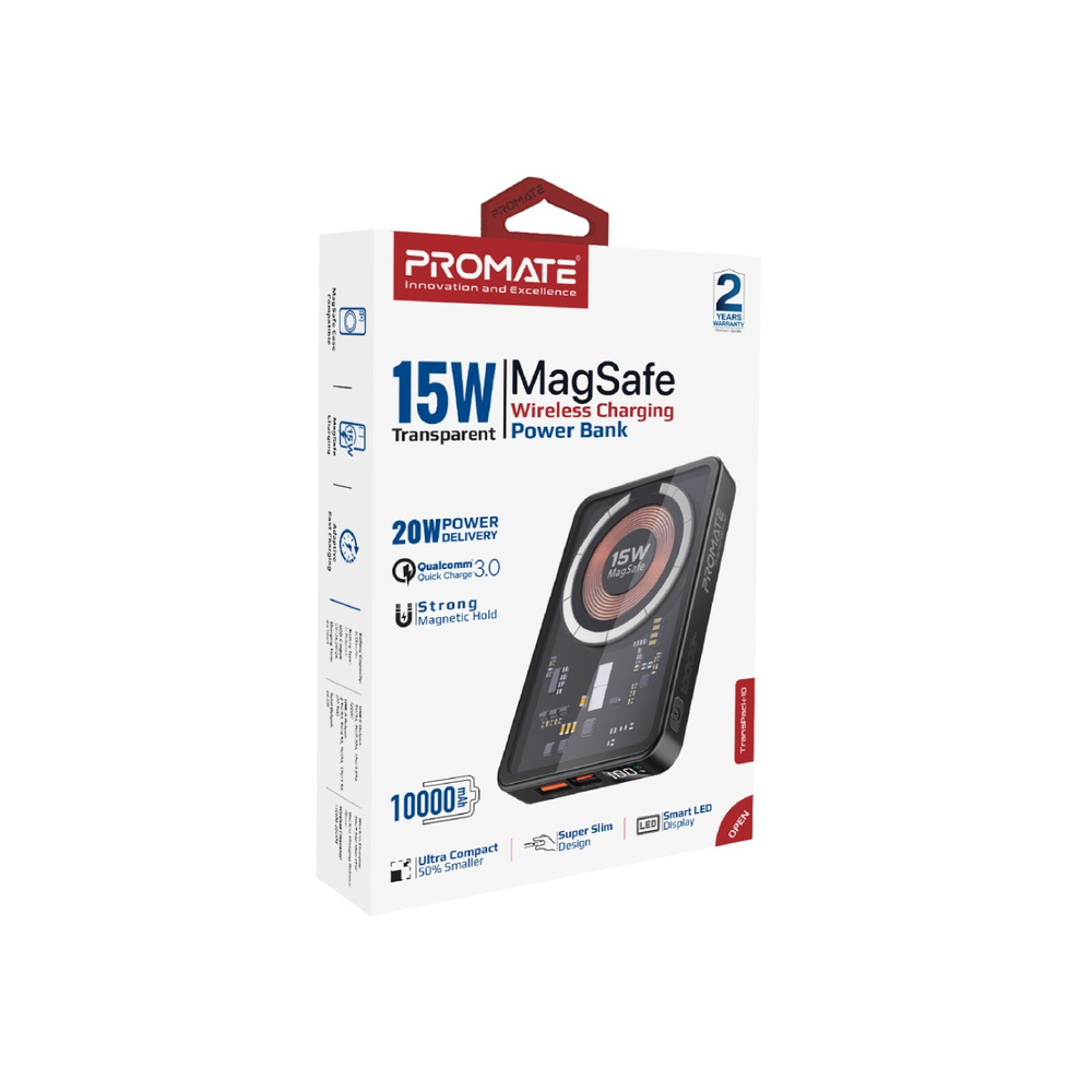 Promate Wireless-Charging MagSafe Powerbank TransPack-10 mit 10000 mAh, USB-A- und C-Anschluss