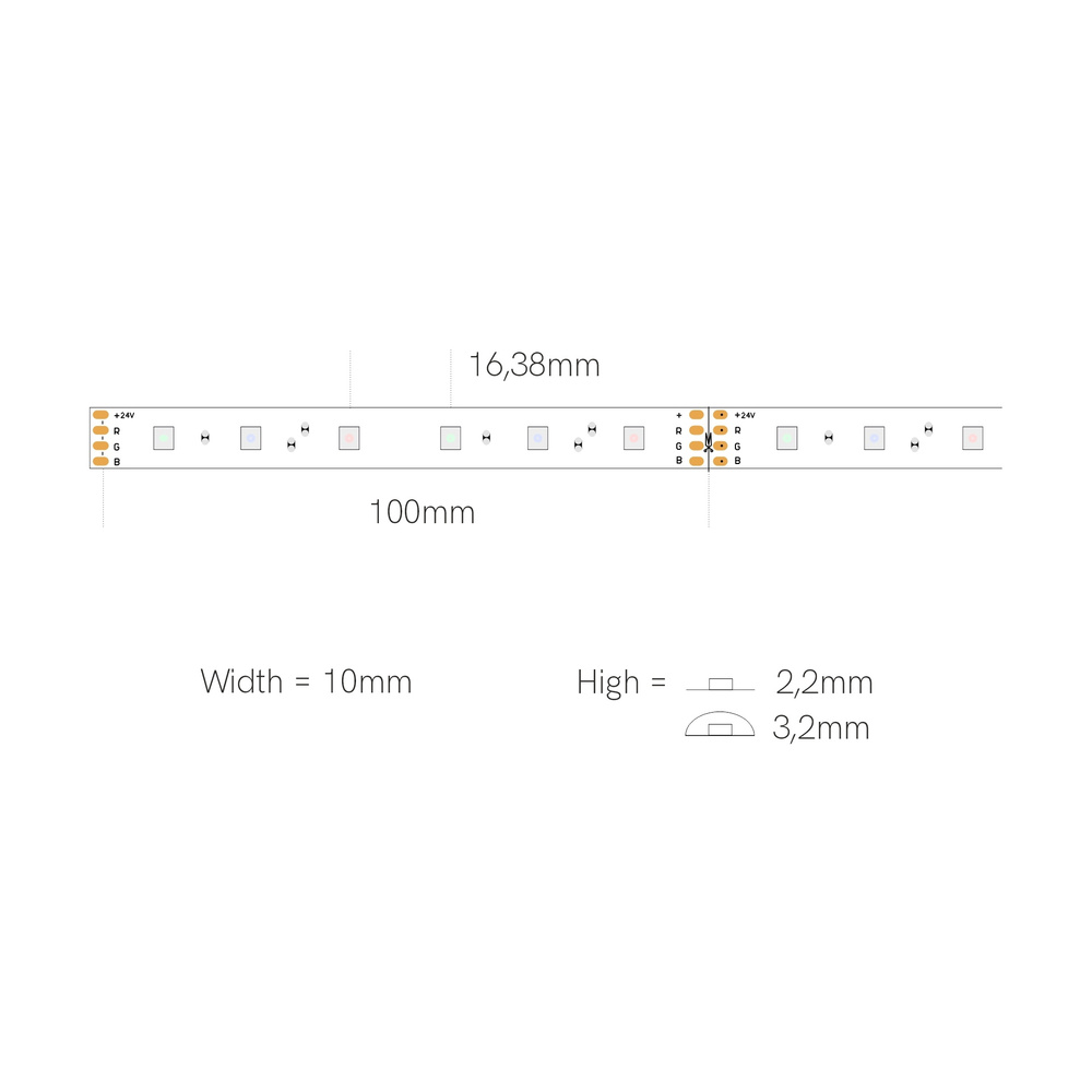 Beneito 5-m-LED-Streifen FINE-46, 72 W, 24 V DC, RGB, 14,4 W/m, 331 lm/m, 60 LEDs/m, IP65