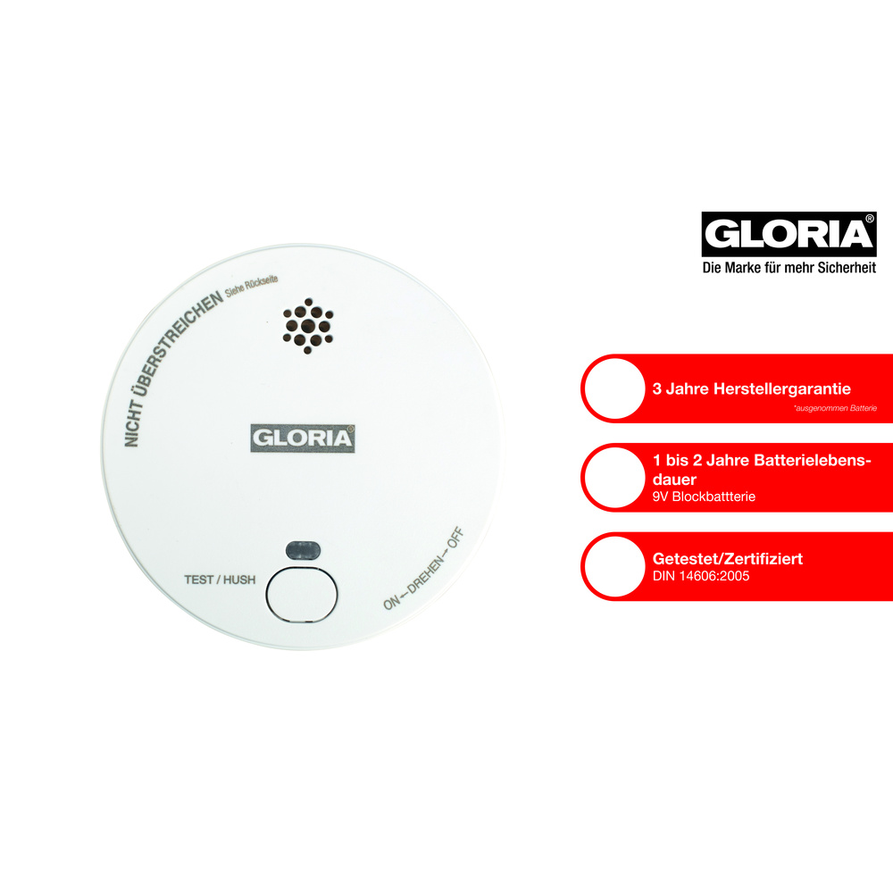 GLORIA Stand-alone Rauchwarnmelder R-1, inkl. 9-V-Blockbatterie, 3 Jahre Herstellergarantie